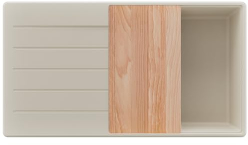 PRIMAGRAN Spülbecken ab 60er Unterschrank + Ablauf-Set, 90x50cm | Set: Ablauf-Set (Siphon, Ablaufgarnitur, Überlauf) + Schneidebrett + Granitspüle 1 Becken - Kopenhagen Top, Alles Beige