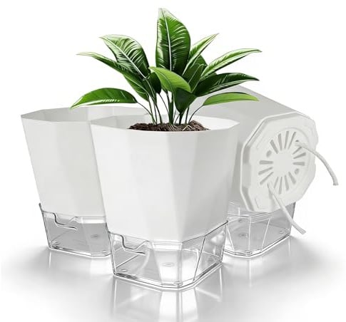 Romon Vaso Autoirrigante, Set Da 3 Vasi per Piante Da Interno in Plastica Con Finestra Del Livello Dell'acqua, Design a Doppio Strato Con Corda Di Cotone Stoppino, Per Erbe Aromatiche, Bianco ø 15.2cm