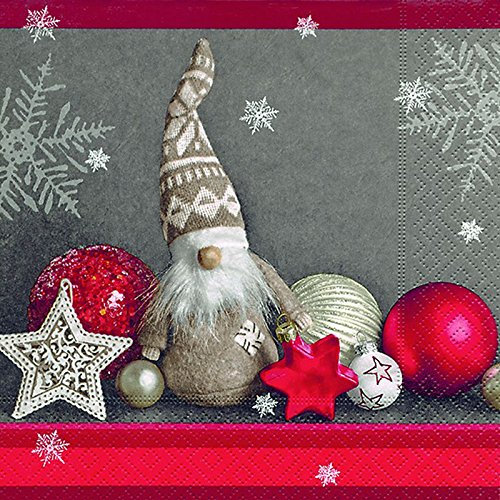 20 Servietten Wichtel Weihnachsmann Sterne Kugeln rot 33x33 cm
