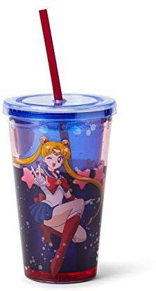 Sailor Moon Confetti Plastic Tumbler Cup with Lid & Straw | Holds 16 Ounces