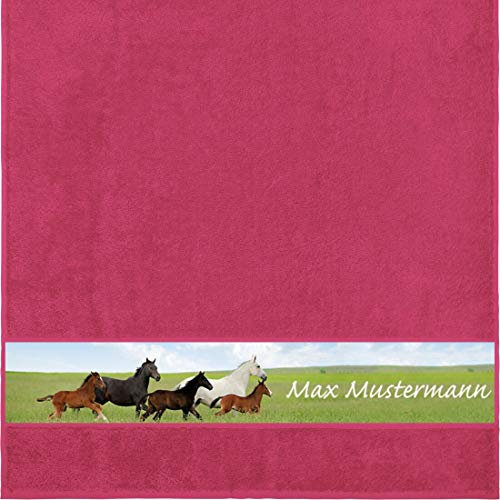 Manutextur Duschtuch mit Namen - personalisiert - Motiv Tiere - Pferde - viele Farben & Motive - Dusch-Handtuch - Fuchsia - Größe 70x140 cm - persönliches Geschenk mit Wunsch-Motiv und Wunsch-Name