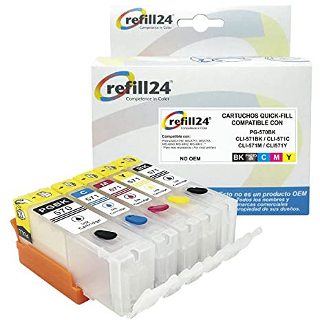 refill24 Wiederbefüllbare Patronen mit Auto-Reset-Chips kompatibel für Canon PGI-570 + CLI-571 für Pixma MG5750 MG5751 MG5752 MG5753 MG6850 MG6851 MG6852 MG6853 TS5055 TS6050 TS6051 TS6052