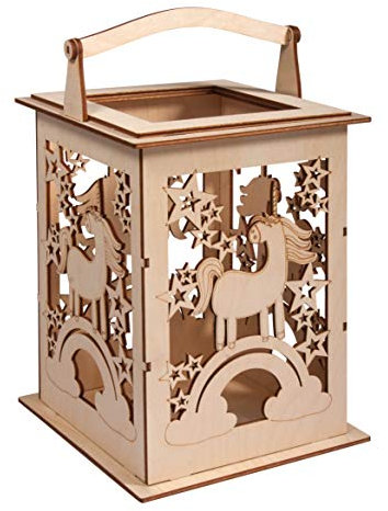Rayher Holz Laterne Einhorn mit Griff, 15,3x15,3x26,5cm, Holzbausatz, 15-tlg,Windlicht, für LED-Kerze, Lichterkette, FSC Mix Credit, 62892505, Natur