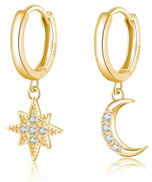 Reffeer Solid 925 Sterling Silver Moon Star Dangle Earrings Hoop for Women Earrings CZ Moon Star Hoop Earrings Huggie Dangle Earrings Asymmetrical (B-18K Gold Plated)