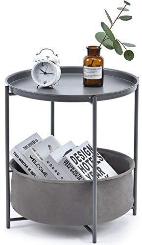 TOOLF Beistelltisch aus Metall, runder Kaffeetisch, Sofa-Beistelltisch, Snack-Tisch mit Abnehmbarer Ablage und Stoff-Aufbewahrungskorb, Scandi-Stil Tisch für Wohnzimmer, Schlafzimmer (dunkelgrau)
