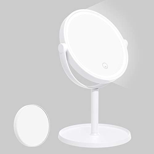 Kasimir Miroir Grossissant Lumineux,Miroir Maquillage LED,Miroirs de Poche Maquillage,Grossissant 10X,avec Ecran Tactile,Miroir Pliant,360°Ajustable,Batterie/Cable USB,Portable éclairé de Voyage