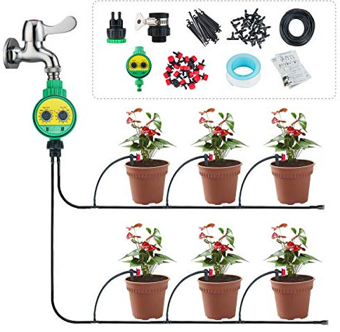 Locisne Sistema riego Plantas con Temporizador,Kit riego por microgoteo Bricolaje 25 m,Kits riego automático Boquilla Ajustable Plantas microgoteo Sistema riego para jardín,Patio,Invernadero,césped