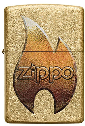 Zippo Sturmfeuerzeug - Modell Gold Flame - Tumbled Brass mit Color Image - Nachfüllbar - Wiederverwendbar - Windfestes Design - Geschenkbox - Made in USA