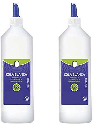 Tradineur - Pack de 2 botes de cola blanca escolar de 500 gr. con aplicador, no tóxica, multiusos 24 x 6 cm