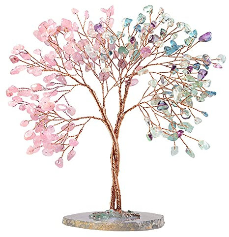 Nupuyai Kristallbaum Feng Shui Edelstein Baum, Glücksbaum, Geldbaum Geschenk, Hochzeit, Deko Wohnzimmer Schlafzimmer(Rosenquarz &Fluorit, Achat Scheibe Basis)