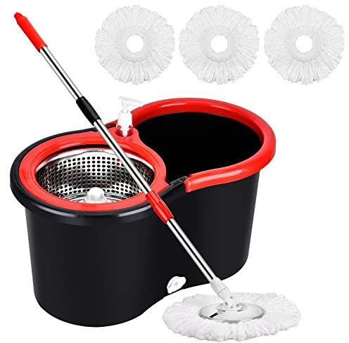 PULNDA Mop Bucket Set, 360 Spin Mop with Stainless Steel Bucket, 3 Replacement Heads, Black, Microfiber Mop Head, Telescopic Handle, 37 - 57.2 Adjustable, 4 lbs