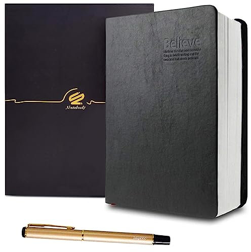 KXF A5 Thick Lined Notebook with Black Faux Leather Cover Daily Journal Notepad Travel Memo Diary Sketchbook for Writing Work Bible Study, 720 Pages, with pen and Gift Box Set