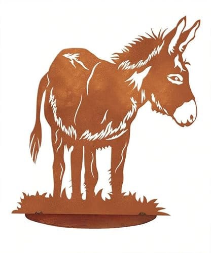 Gartenfigur Esel Flecki auf Platte 47x41cm Edelrost Gartendeko Wetterfest Rost Metall Rostfigur Maultier von Steinfigurenwelt