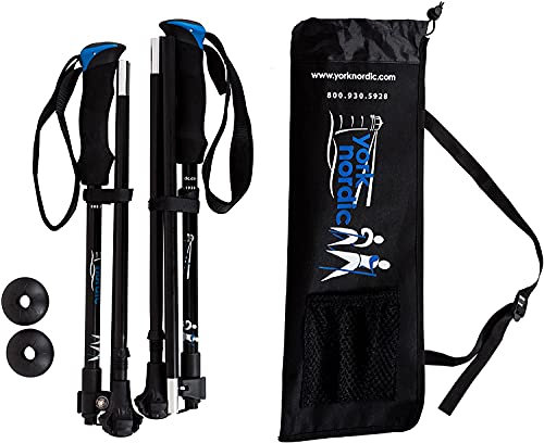 York Nordic Ultraleichte, zusammenklappbare Wanderstöcke – für Reisen geeignet – mit Gummifüßen, Körben und Tasche (Trek Grips – 1,7 m bis 1,7 m)