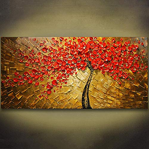 Dipinto A Mano Dipinto Ad Olio Colorato su Tela/Astratto 3d Texture Paesaggio Pittura/Spatola Dipinto A Mano Albero Rosso Fiore Moderno Pop Tela Wall Art Pictures Home Decor camera da letto/cucina,c