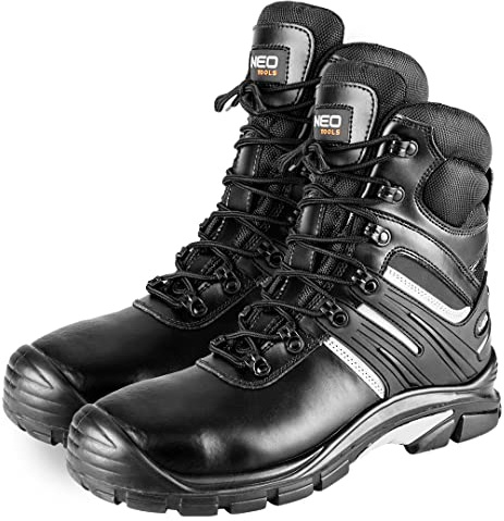NEO TOOLS Hoher Arbeitsstiefel, Klasse S3 SRC, Polyurethan Leder | Oxford-Gewebe, Metallschlaufen, Reflektierende Elemente