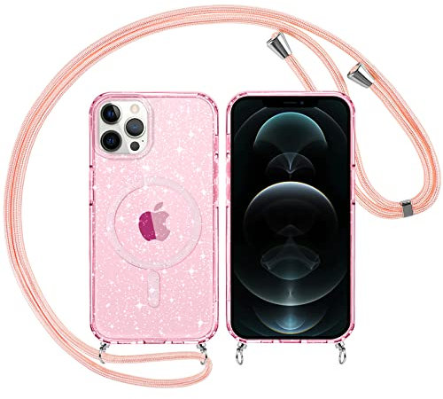 Yoedge Coque Magnétique à Paillettes avec Cordon pour Apple iPhone 12 Pro Max 6,7”-Compatible avec MagSafe Étui Colliers Housse Rose Glitter TPU Transparente Brillant Cover pour iPhone12 Pro Max Case