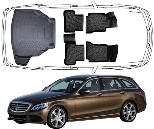 Rizline Passgenau 3D Fussmatten & Kofferraumwanne Auto Set Kompatibel mit Mercedes C Klasse SW W205 2014-2021 Auto Zubehör Gummimatten & Kofferraummatte Auto TPE Allwetter Geruchlos Schwarz