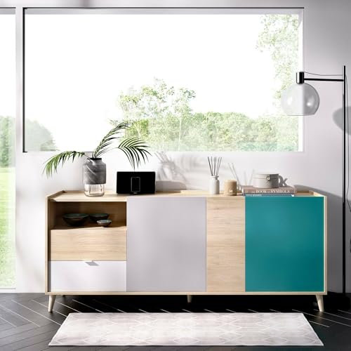 Dmora - Buffet Marmontana, Buffet de Salon, Buffet de Salon Moderne avec 3 Portes, 180x43h75 cm, Chêne et Gris