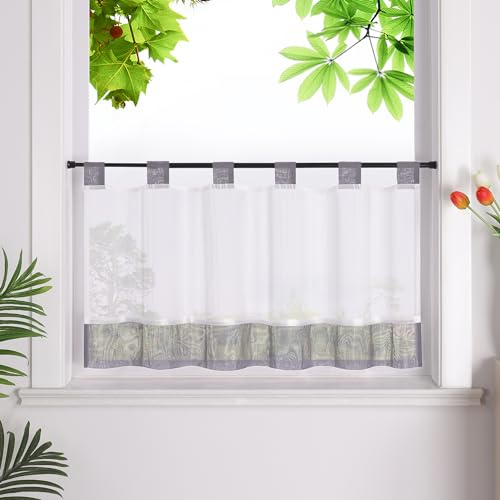 HeichkelL Scheibengardine, Leinenoptik Gardine, Grau HxB 60x120 cm | Küchengardine mit Schlaufen, Halbtransparent Bistrogardine, Landhausstil Kurzstores