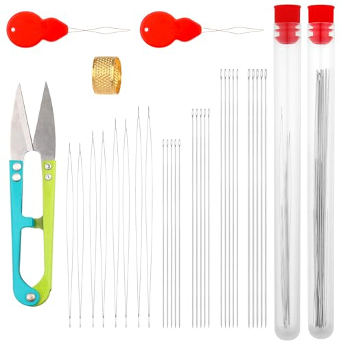 34 PCS Beading Needles Set, Assorted Size Seed Beads Needle for Jewelry Making Include Long Straight Beading Thread Needles Big Eye Needle Threaders Thimble and Organize Bottle