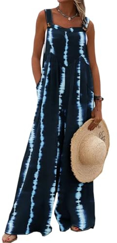 QUNERY Salopette da Donna Tuta Senza Maniche con Motivo Floreale Casual Tutina Ampia Oversize con Tasche Blu XXL