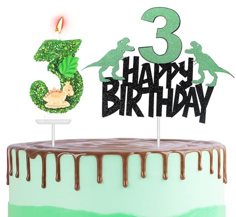 Dinosaur 3rd Birthday Cake Topper with Number Candle 3 Dino Candles Cake Decorations for Boys,Happy 3rd Birthday Dinosaur Theme Party Candles Cake Cupcake Topper for Boys Girls 3rd Birthday Decor