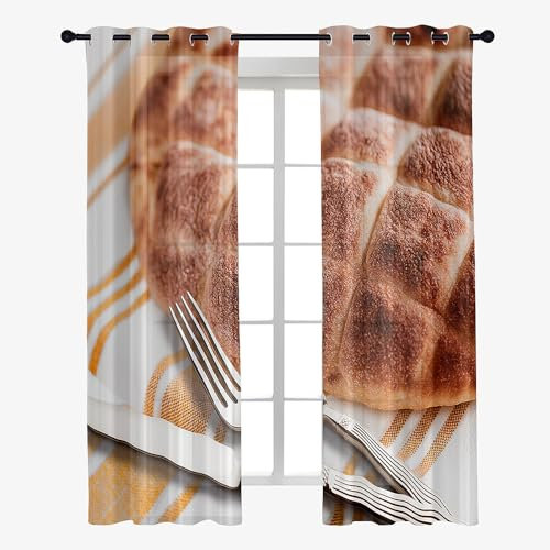 Hiseng 3D-Brotdruck Gardinen Voile Vorhänge Halbtransparent Vorhang, Gardinen mit Ösen Vorhänge Wohnzimmer, Gardine Curtains für Küche Stores Schlafzimmer (Plaid,132x213cm)