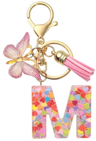 Porte-clés pour femme et fille, Porte-clés initial Résine Lettre avec pompon papillon Alphabet Pendentif Paillettes, Cadeau pour Femme