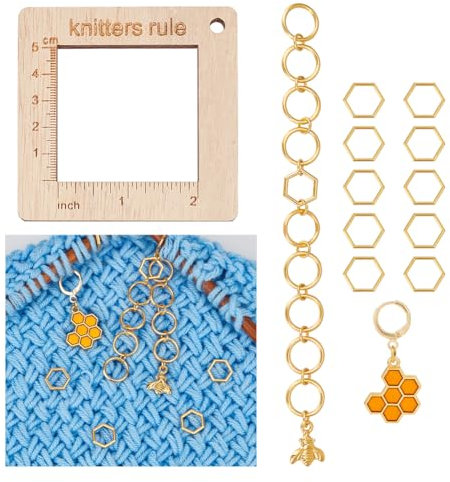 NBEADS Wood Knitting Gauge Ruler Set, Includes 1Pcs Density Ruler 1Pcs Bee Knitting Chains and 10Pcs Alloy Rings for Spinners Yarn Measuring Tools Crochet Accessories, 7.95x7.95x0.45cm