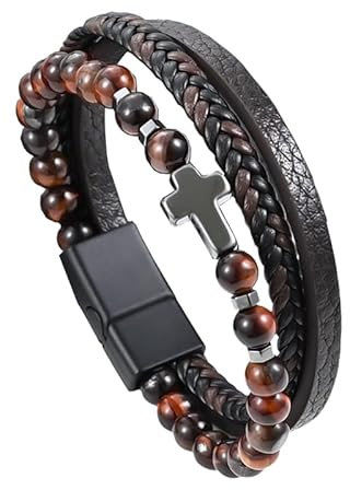 Lucktao kreuz Armband Herren,Jesus Christus Kruzifix Armband,Schwarz Geflochtene Echt Leder Armbänder mit Magnetverschluss,Herren Tigerauge Perlen Armband,Herren Armband,Geschenk für Männer