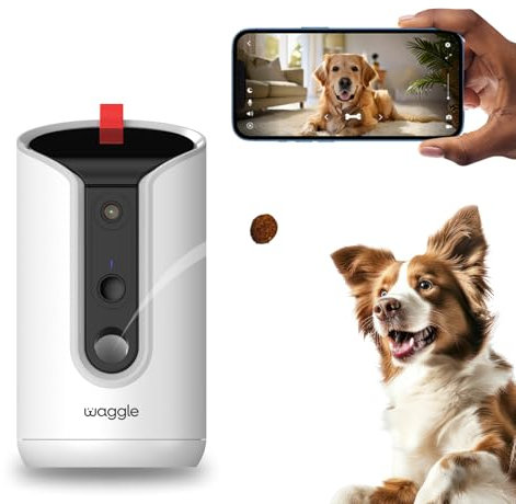 Cámara para perros Waggle 2K, visión de 360° con dispensador de golosinas, monitoreo Wi-Fi 2.4/5 GHZ de animales con aplicación para teléfono inteligente, alertas de movimiento, audio bidireccional,