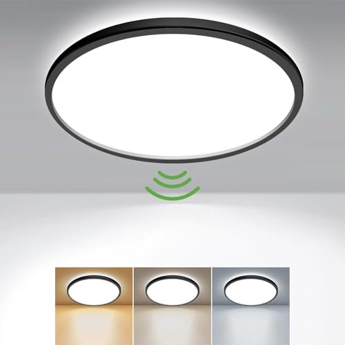 zemty LED Deckenlampe mit Bewegungsmelder, 23cm 18W Rund Flach Deckenleuchte Bewegungssensor Innen, Warmweiß/Neutralweiß/Kaltweiß Lampe für Schlafzimmer Flur Küche Bad Balkon Treppe, Schwarz