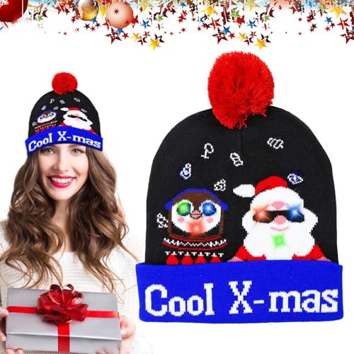 JOKILY LED Weihnachten Hut, Weihnachtsmütze, LED Weihnachtsmütze Erwachsene, Warme Wintermütze, Dehnbare Strickmütze, Leuchtende-Weihnachtsmütze für Weihnachtsfeier Damen Herren Kinder
