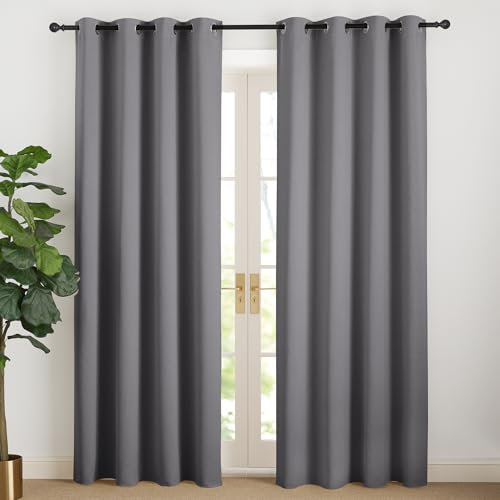 NICETOWN Thermovorhang Kälteschutz Fenster Gardinen Grau Blickdicht Vorhang 200 cm Lang Verdunkelungsvorhang Ösen Vorhänge Wohnzimmer Modern Übergardinen Ösenschal 2er Set, H200 x B140 cm