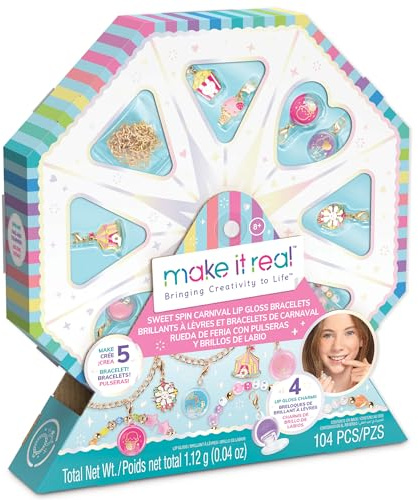 Make It Real: Sweet Spin Karnevals-Lipgloss-Armbänder, 104-teilig, DIY-Schmuck-Bastelset, Design 5 Charm-Ketten-Armbänder, Glanz mit Erdbeerduft, für Kinder ab 8 Jahren