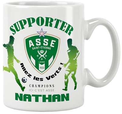ÉNJA Création Mug ASSE Personnalisé – Prénom & Numéro au Choix – Tasse Supporter AS Saint-Étienne – Cadeau Fan de Football Ligue 1 (ASSE)