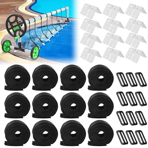 Fixation Pour Bâche Solaire De Piscine, 12 Sangles De Fixation Et Pinces Et Boucles, Kit D'enroulement pour Piscine Pour Couvertures De Bâches De Piscine, Rouleaux De Film Solaire pour Piscine