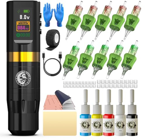 Wormhole Tattoo Maschine Set Kabellose Tattoo Set mit Tattoo Stifte 10 Tattoo Farbe 10 Cartridges Komplettes für Anfänger Oder Professionelle Tattoo-Künstler WTK313