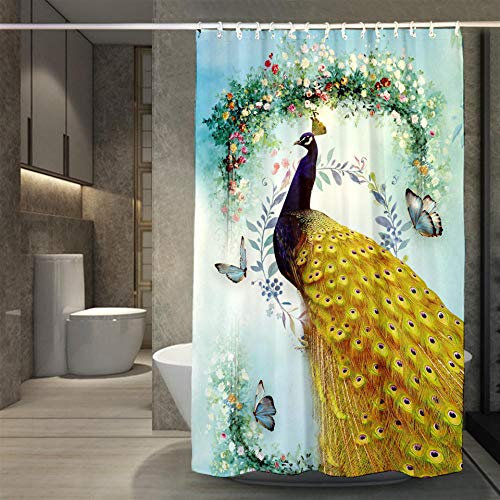 Rideau Douche Papillon Vert Paon Rideau de Douche Anti Moisissure Imperméable Tissu Polyester Lavable pour Salle de Bain Baignoire Hôtel avec 12 Crochets en C(180x200cm)