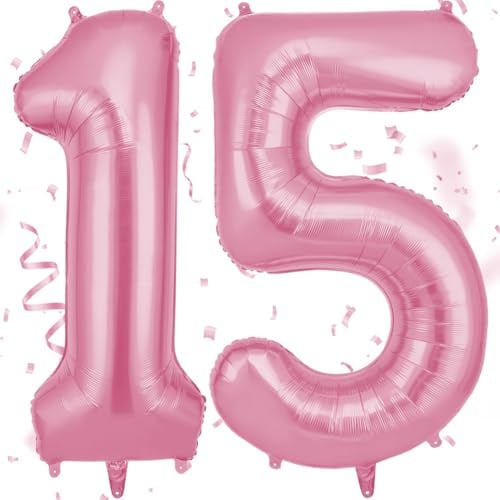 OFFCUP Zahlen Luftballon 15 Geburtstag Rosa, Folienballon Zahl 15, | 40 Zoll Helium Ballons Riesen 101cm Geburtstag Mädchen Junge PartyDeko Ballon Zahl Deko zum Jubiläum Neujahr Hochzeit
