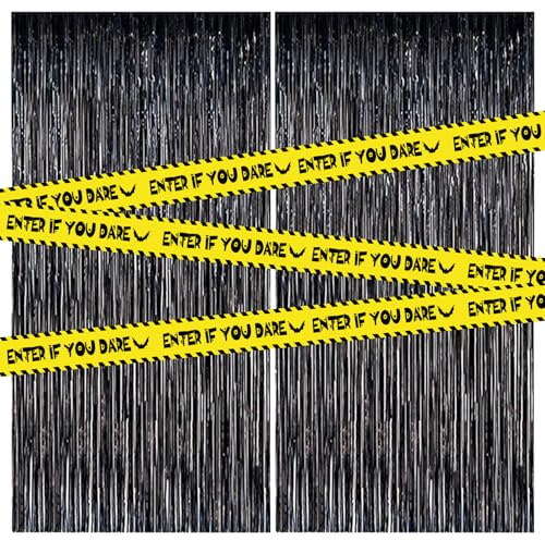 Halloween Lametta Vorhänge Schwarz, 2 Stück 1x2M Luftschlangen und 9m Gelbe Warnung, Luftschlangen Deko für Halloween Vampir Star Rip 20s Wars Krimidinner Geburtstag Abschluss Silvester Dekoration