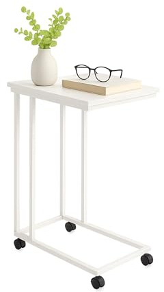 Relaxdays side table with wheels, HxWxD: 68 x 50 x 35 cm, MDF, metal, C-shape, side table for under sofa, white