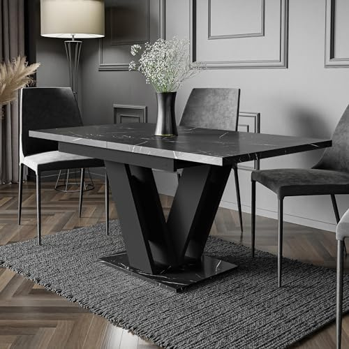 Black Marble Extendable Dining Table 120-160cm, MASIV, 4-6 Seater | Extendable 120–160 cm black marble-effect dining table for 4–6; 32 mm thick top, V-shaped legs