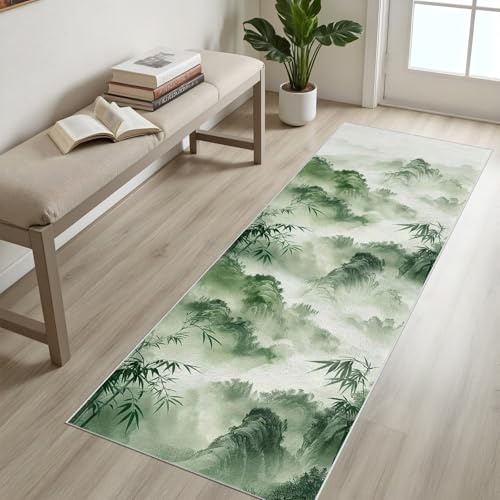 RJHDJSA Läufer Teppich 60x120 cm, Wald Kurzflor Teppich Waschbar, Weich & rutschfest Grün Flurläufer, Moderne Nebelberge Design Teppiche für Bettvorleger Schlafzimmer, Küche & Flur