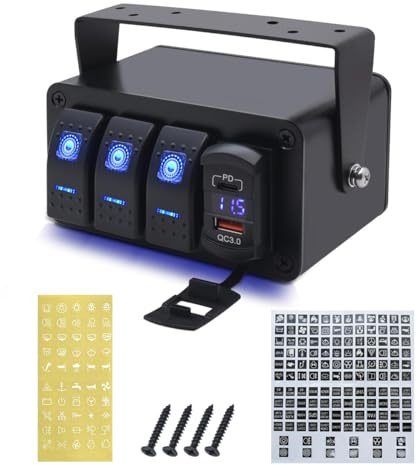 Voyoo Pannello interruttori a bilanciere a 3 bande con luce blu, universale 12 V/24 V, caricabatterie PD e QC 3.0, adesivi luminosi notturni per camper, barche, auto, camion