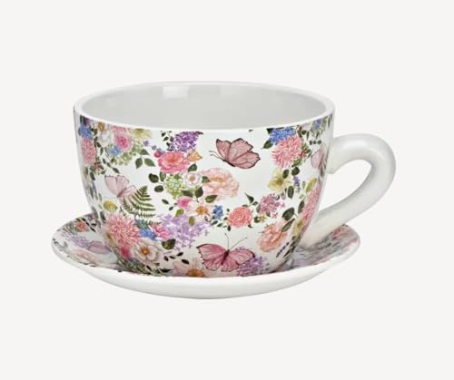 Seyila Home Pflanztasse aus Keramik mit Unterteller, Blumentopf in Tassenform, Deko-Pflanzgefäß,Pflanzkübel, Blumentopf in versch. Größen und Designs (Bunt, 25 cm)