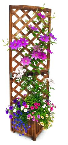 Relaxdays Pflanzkasten mit Rankgitter, HBT: 180x55x51 cm, geflammt | Pflanzkübel mit Spalier, Balkon & Garten, Tannenholz