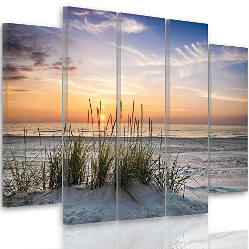 Feeby Frames, Tableau Multi Panneau 5 Parties, Tableau imprimé XXL, Tableau imprimé sur Toile, Tableau Deco, Pentaptyque Type B, 100x150 cm, Paysage, Herbe, Plage, Eau, MER, Sable, Ciel
