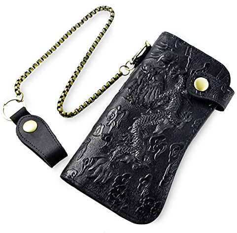 Le’aokuu Herren Echtes Leder Geldbörse Organizer Doppelte Scheckheft Brieftasche Lange Kette Emboss Geldbeutel W1088 (W1088 A Drache Schwarz)